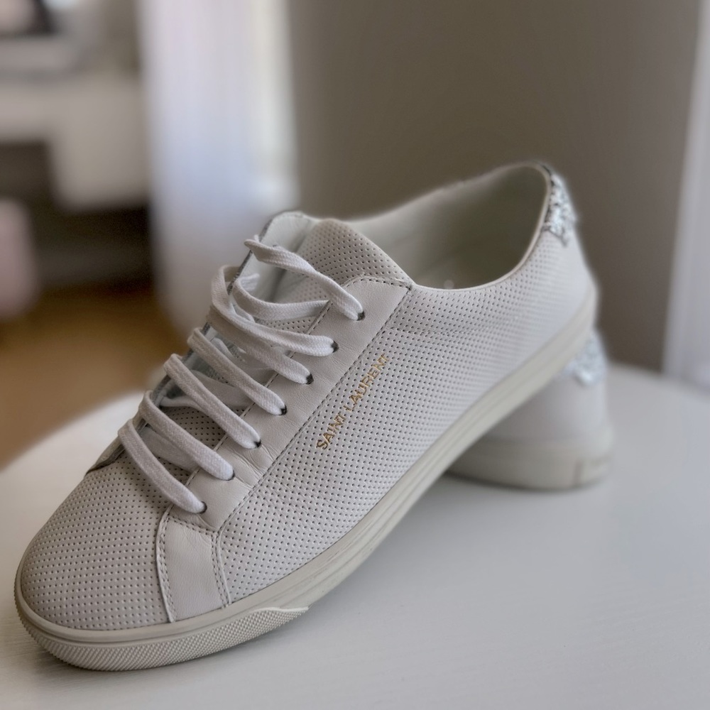 Saint Laurent White Perforated Leather Glitter Andy Low Top Sneakers